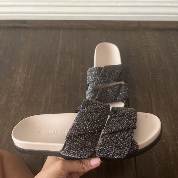 Zara Trafaluc black metallic strap slide sandals comfortable slides casual Sz 37 - Picture 1 of 9